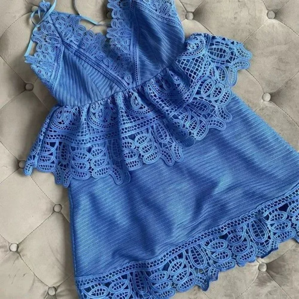 Self Portrait Lace Eyelet Peplum Dress Periwinke Blue, Size 4 - Picture 4 of 4